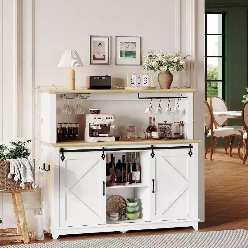 55 Farmhouse Coffee Bar Cabinet w/ Power Outlet & LED Lights - Sliding Barn Door, Wine Rack, USB Charging Station | Black/Brown/White