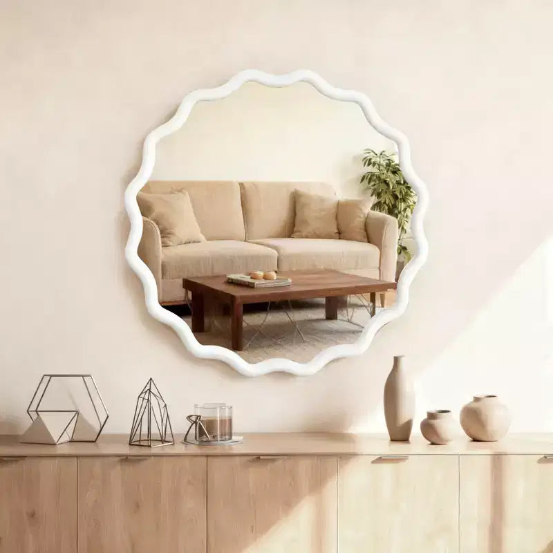 Specchio Decorativo Rotondo Ondulato da 30 Pollici con Cornice in Legno Massello Bianco, Per Camera da Letto, Bagno, Soggiorno, Ingresso