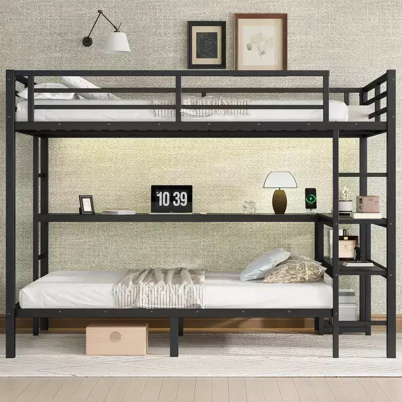 Letto a castello matrimoniale superiore con letto singolo inferiore, scrivania, luci a LED e USB, robusto telaio in metallo, posizionamento multiplo, ripiani portaoggetti, sicuro e certificato CPC, nero