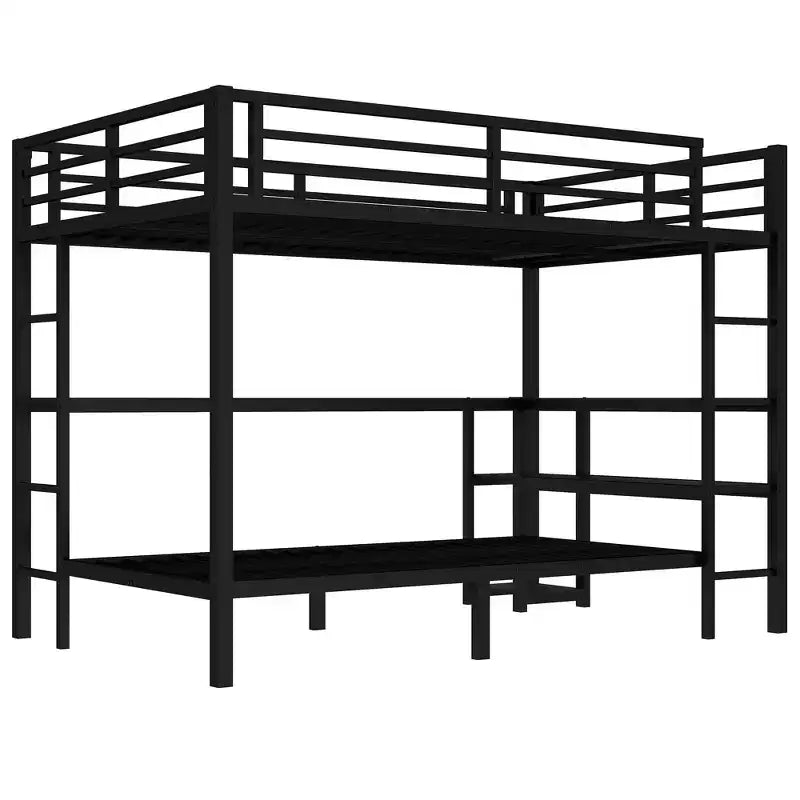Letto a castello matrimoniale superiore con letto singolo inferiore, scrivania, luci a LED e USB, robusto telaio in metallo, posizionamento multiplo, ripiani portaoggetti, sicuro e certificato CPC, nero