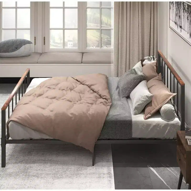 Base letto a piattaforma in metallo con testiera e pediera, robusto telaio in metallo, non è necessario il box spring (Queen)