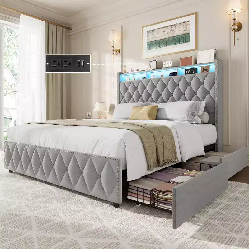Struttura letto matrimoniale con testiera imbottita alta 50,8 cm, letto a piattaforma in velluto con 4 cassetti portaoggetti, stazione di ricarica USB e luci grigio