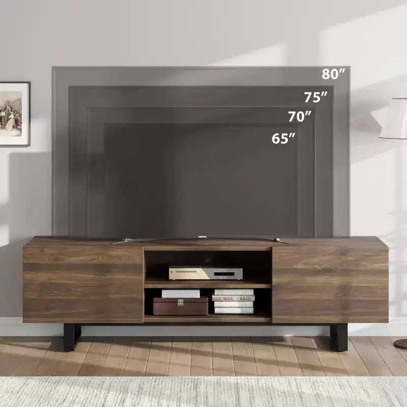 Mobile TV moderno per TV da 65/75/80 pollici, mobile per intrattenimento da 70 con 2 cassetti e ripiani aperti, mobile console multimediale in legno resistente con gambe in metallo