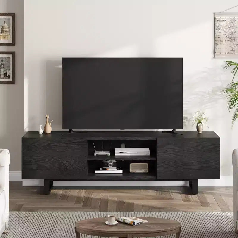 Mobile TV moderno per TV da 65/75/80 pollici, mobile per intrattenimento da 70 con 2 cassetti e ripiani aperti, mobile console multimediale in legno resistente con gambe in metallo