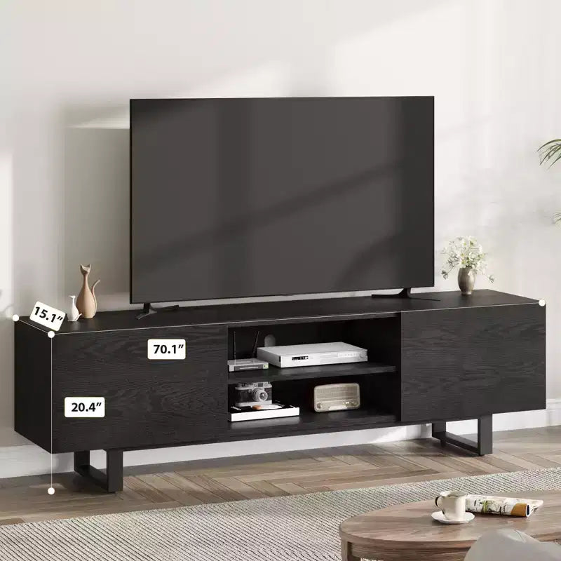 Mobile TV moderno per TV da 65/75/80 pollici, mobile per intrattenimento da 70 con 2 cassetti e ripiani aperti, mobile console multimediale in legno resistente con gambe in metallo