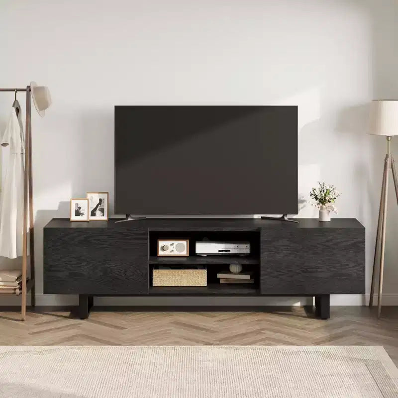Mobile TV moderno per TV da 65/75/80 pollici, mobile per intrattenimento da 70 con 2 cassetti e ripiani aperti, mobile console multimediale in legno resistente con gambe in metallo