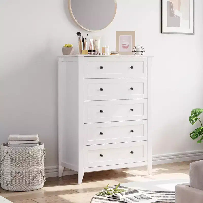 Cassettiera a 5 cassetti per camera da letto, comò in legno da 80 cm con manopole in metallo, comodino alto, organizzatore per vestiti per camera da letto