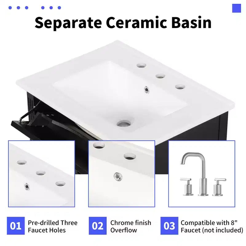 Mobile lavabo da bagno da 20 pollici con lavandino, chiusura ammortizzata, ante, ripiano e cassetto, grigio