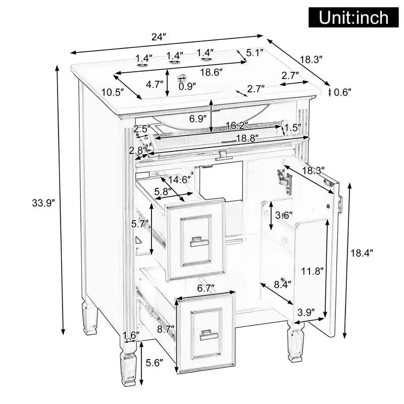 Mobile lavabo da bagno da 20 pollici con lavandino, chiusura ammortizzata, ante, ripiano e cassetto, grigio