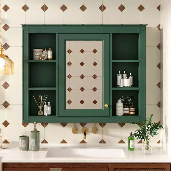 Mobiletto portamedicine da 27,5", da parete, con specchio e 6 ripiani aperti, stile moderno, verde