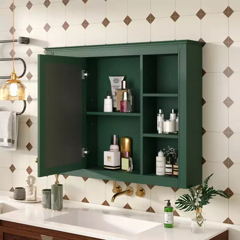 Mobiletto portamedicine da 27,5", da parete, con specchio e 6 ripiani aperti, stile moderno, verde