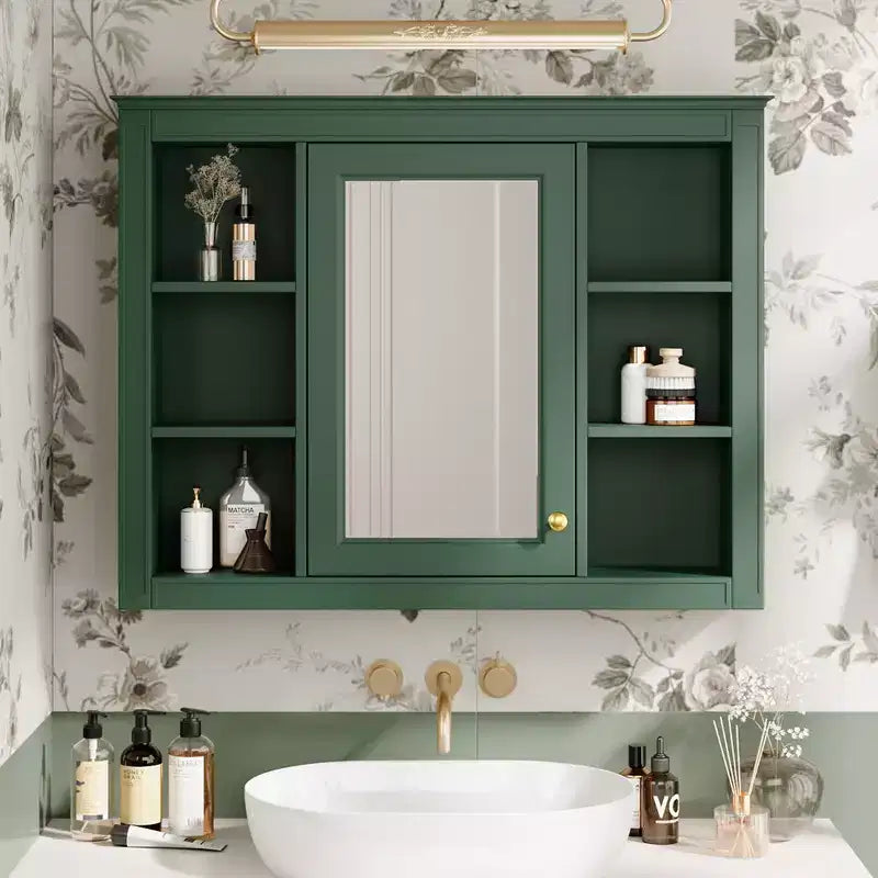 Mobiletto portamedicine da 27,5", da parete, con specchio e 6 ripiani aperti, stile moderno, verde