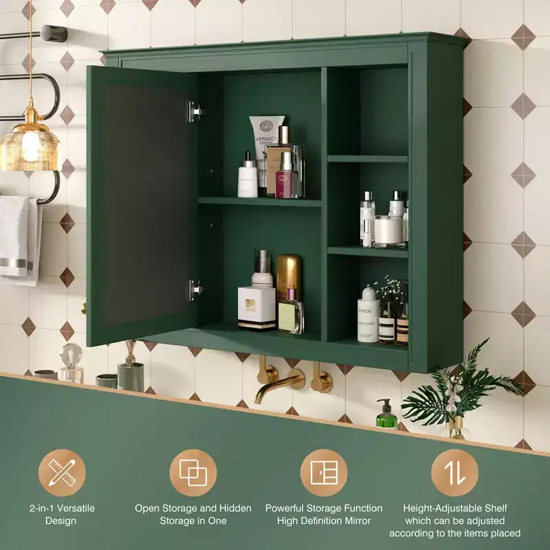 Mobiletto portamedicine da 27,5", da parete, con specchio e 6 ripiani aperti, stile moderno, verde