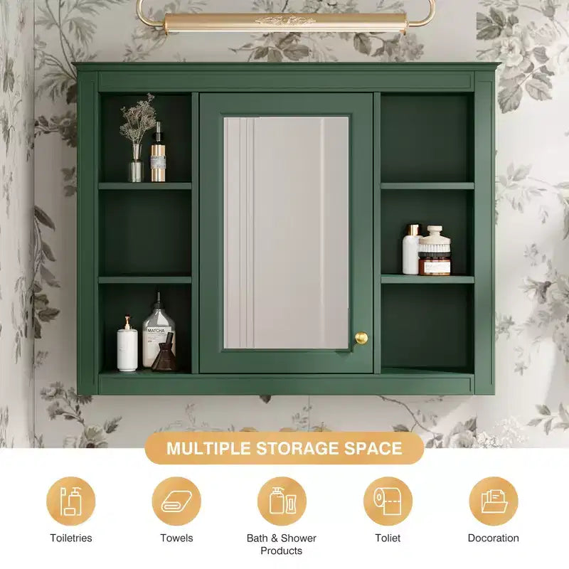 Mobiletto portamedicine da 27,5", da parete, con specchio e 6 ripiani aperti, stile moderno, verde