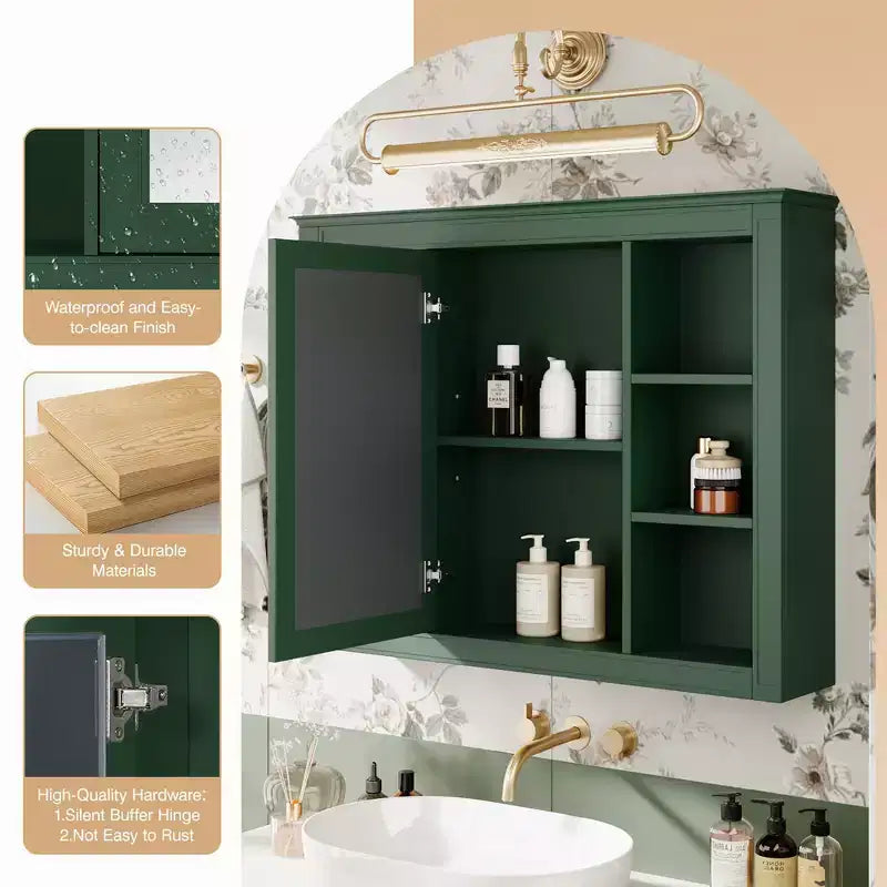 Mobiletto portamedicine da 27,5", da parete, con specchio e 6 ripiani aperti, stile moderno, verde