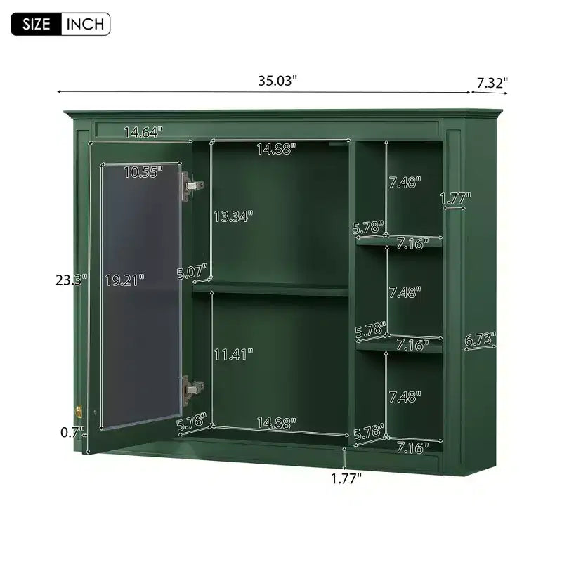 Mobiletto portamedicine da 27,5", da parete, con specchio e 6 ripiani aperti, stile moderno, verde