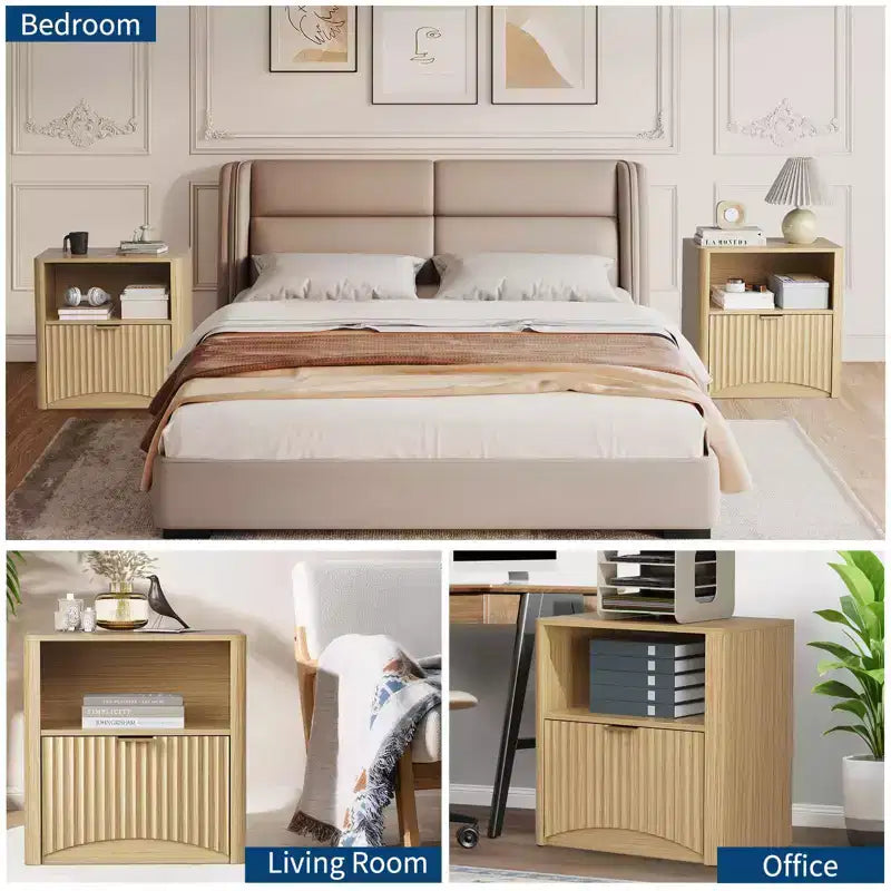 Comodino in Rovere da 23 Pollici, Tavolino da Notte con Superficie Impermeabile con Cassetto e Ripiano, Tavolino Laterale Moderno con Scanalature in Stile Mid-Century per la Camera da Letto