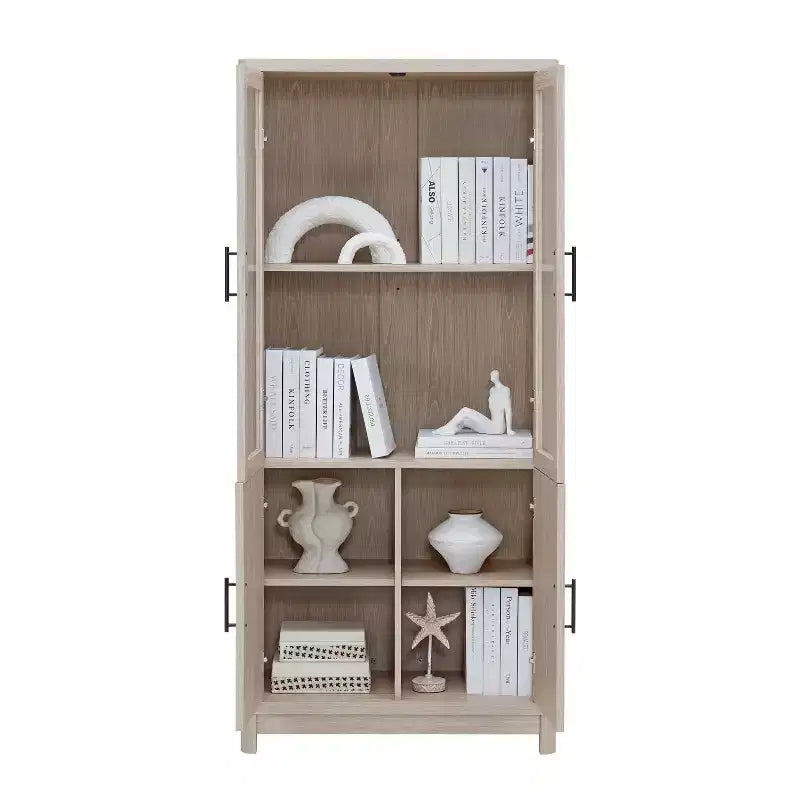 Libreria in legno con anta in vetro e ripiani regolabili, Scaffale espositivo per ufficio, soggiorno