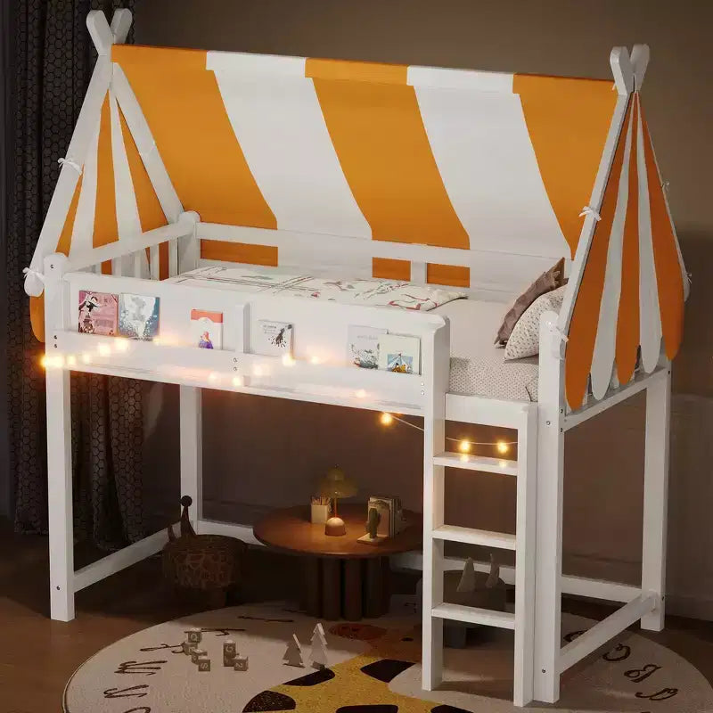 Letto a soppalco singolo e telaio con baldacchino, libreria e ringhiera a tutta lunghezza