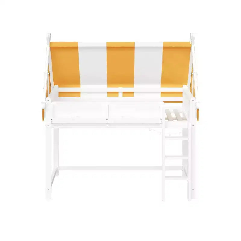 Letto a soppalco singolo e telaio con baldacchino, libreria e ringhiera a tutta lunghezza