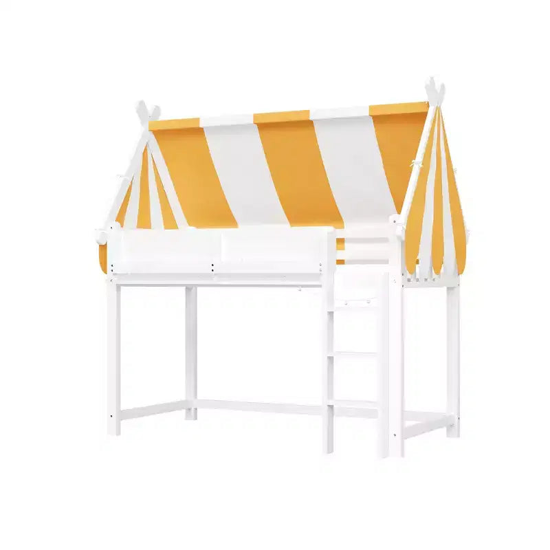 Letto a soppalco singolo e telaio con baldacchino, libreria e ringhiera a tutta lunghezza