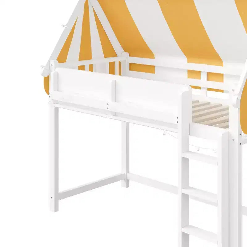 Letto a soppalco singolo e telaio con baldacchino, libreria e ringhiera a tutta lunghezza