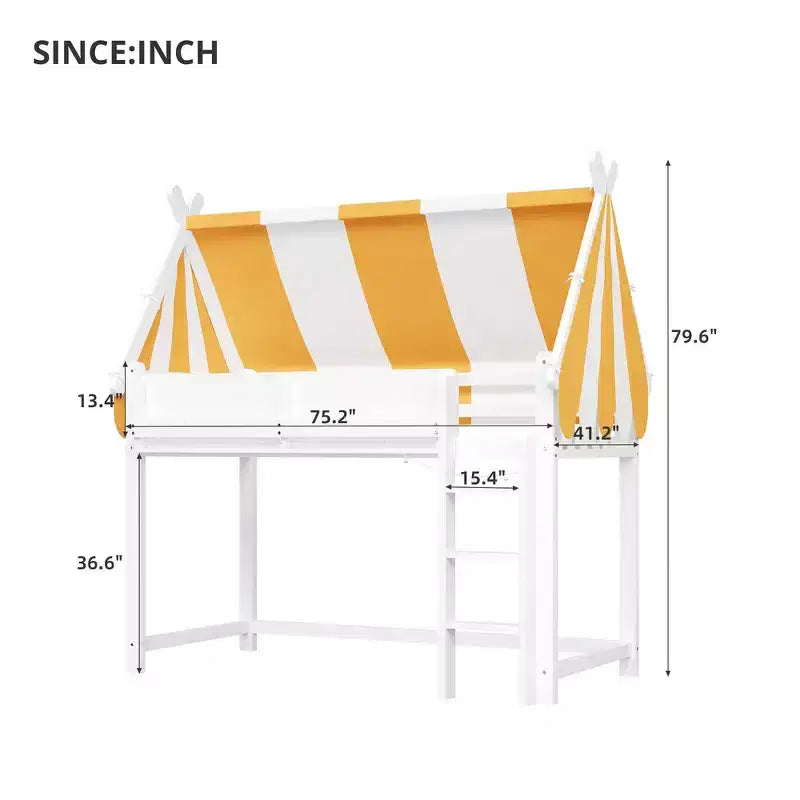 Letto a soppalco singolo e telaio con baldacchino, libreria e ringhiera a tutta lunghezza
