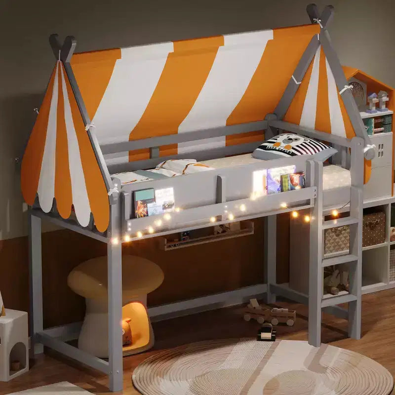 Letto a soppalco singolo e telaio con baldacchino, libreria e ringhiera a tutta lunghezza