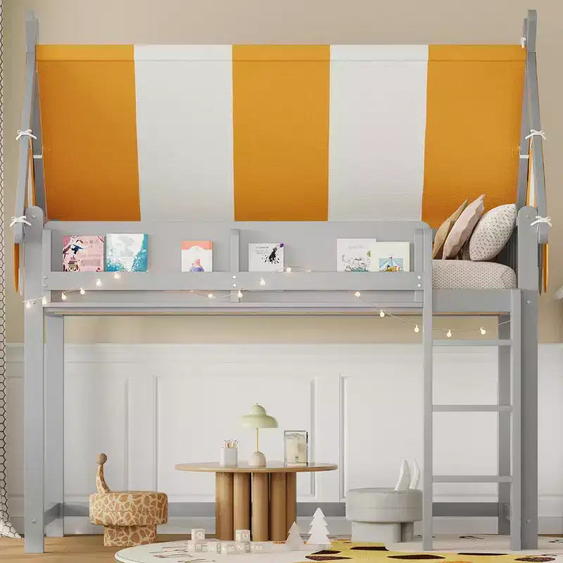 Letto a soppalco singolo e telaio con baldacchino, libreria e ringhiera a tutta lunghezza