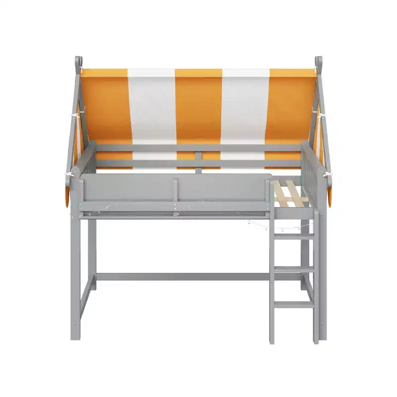 Letto a soppalco singolo e telaio con baldacchino, libreria e ringhiera a tutta lunghezza