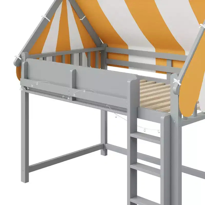Letto a soppalco singolo e telaio con baldacchino, libreria e ringhiera a tutta lunghezza