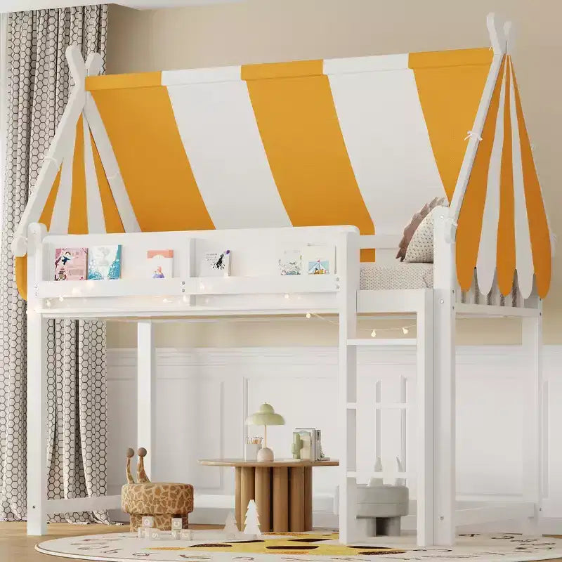 Letto a soppalco singolo e telaio con baldacchino, libreria e ringhiera a tutta lunghezza