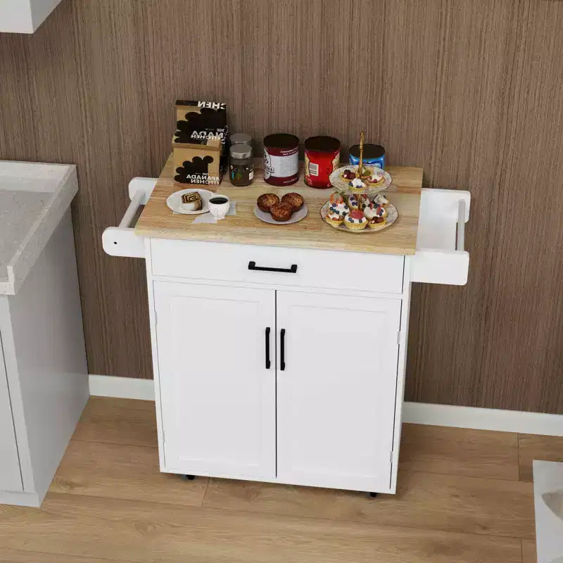 Carrello da Cucina Bianco con Ruote, Piano in Legno di Gomma, 1 Cassetto, 2 Ante, Ripiani Regolabili