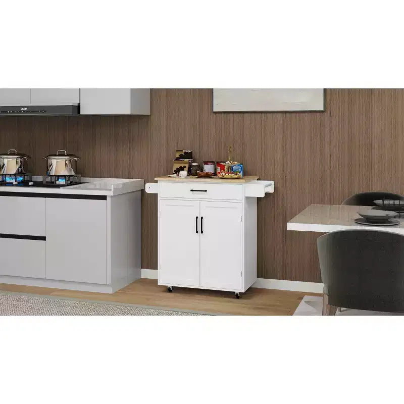 Carrello da Cucina Bianco con Ruote, Piano in Legno di Gomma, 1 Cassetto, 2 Ante, Ripiani Regolabili