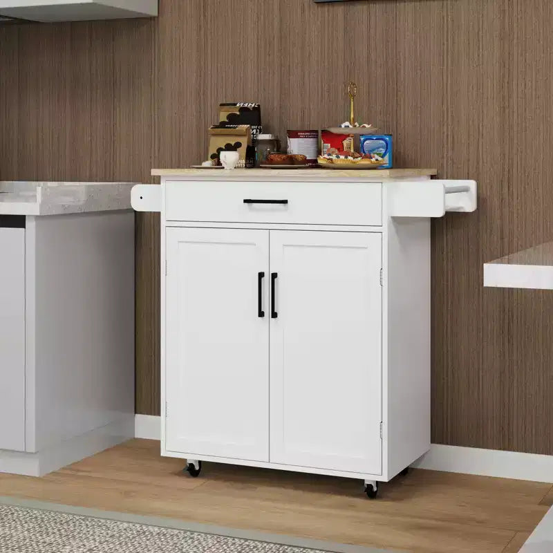 Carrello da Cucina Bianco con Ruote, Piano in Legno di Gomma, 1 Cassetto, 2 Ante, Ripiani Regolabili