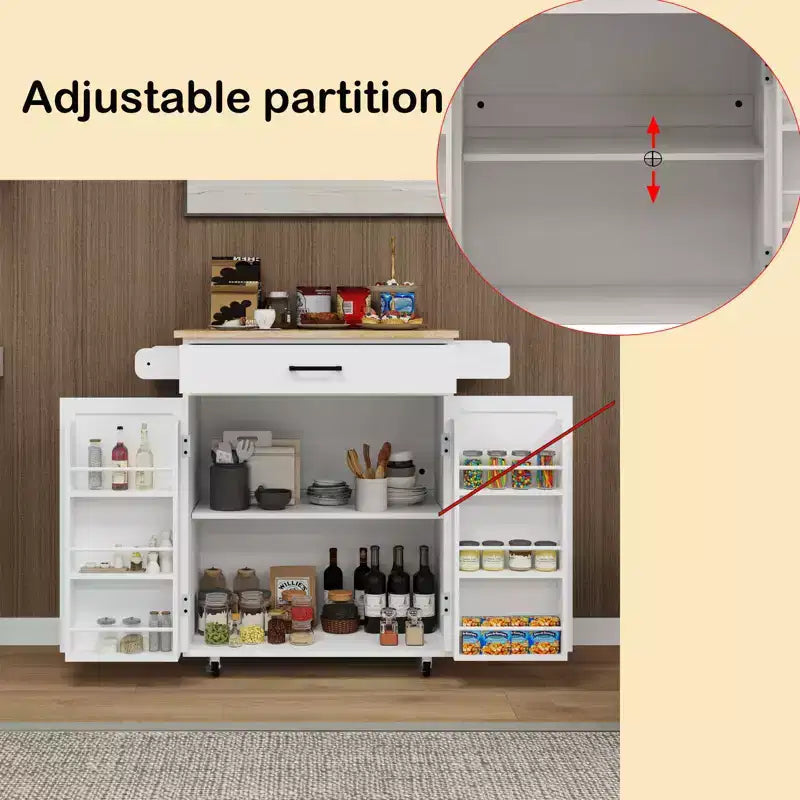 Carrello da Cucina Bianco con Ruote, Piano in Legno di Gomma, 1 Cassetto, 2 Ante, Ripiani Regolabili