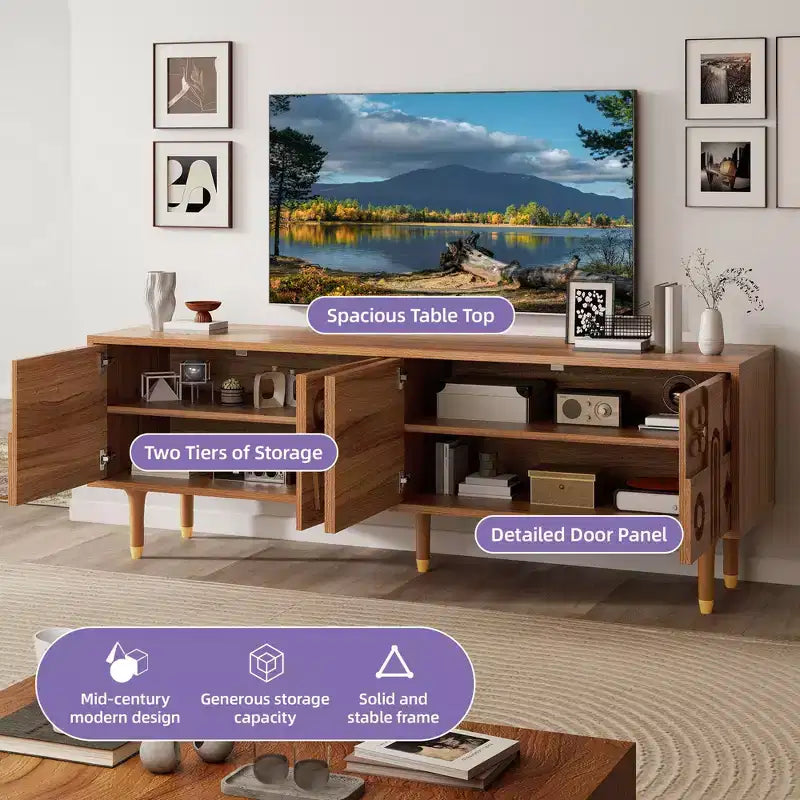 Mobile TV Mid-Century per TV fino a 80 pollici, Console multimediale moderna con 4 ante intagliate, Centro di intrattenimento da 70 pollici con contenitore per soggiorno