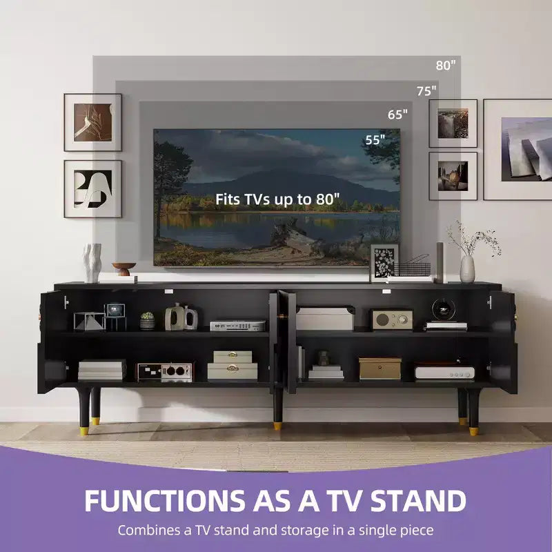 Mobile TV Mid-Century per TV fino a 80 pollici, Console multimediale moderna con 4 ante intagliate, Centro di intrattenimento da 70 pollici con contenitore per soggiorno