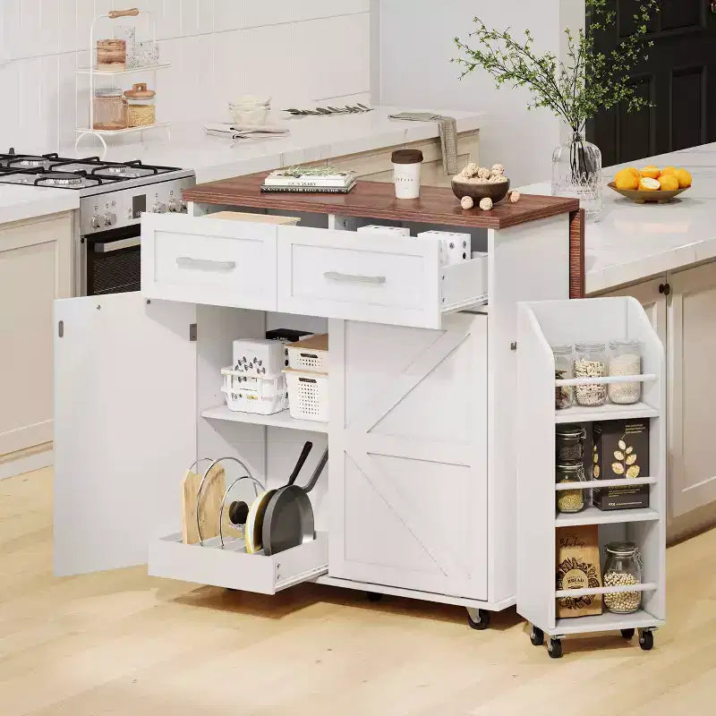 Isola da Cucina 47.2 Bianca in Stile Rustico con Anta a Ribalta, Carrello con Rotelle 2 Cassetti, Ripiani Rimovibili, Portasciugamani