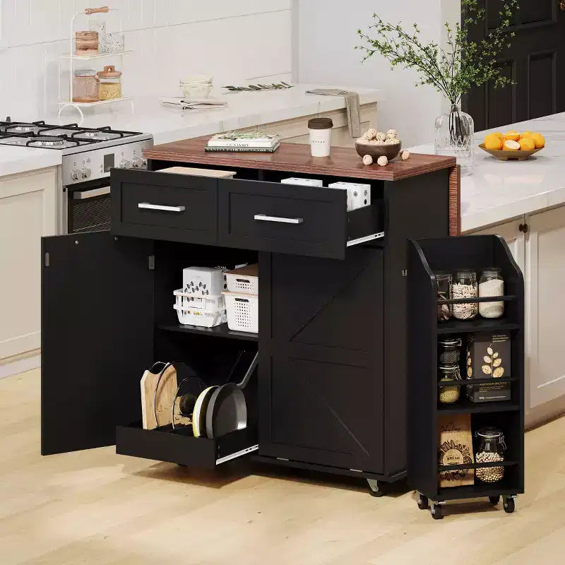 Isola da Cucina 47.2 Bianca in Stile Rustico con Anta a Ribalta, Carrello con Rotelle 2 Cassetti, Ripiani Rimovibili, Portasciugamani