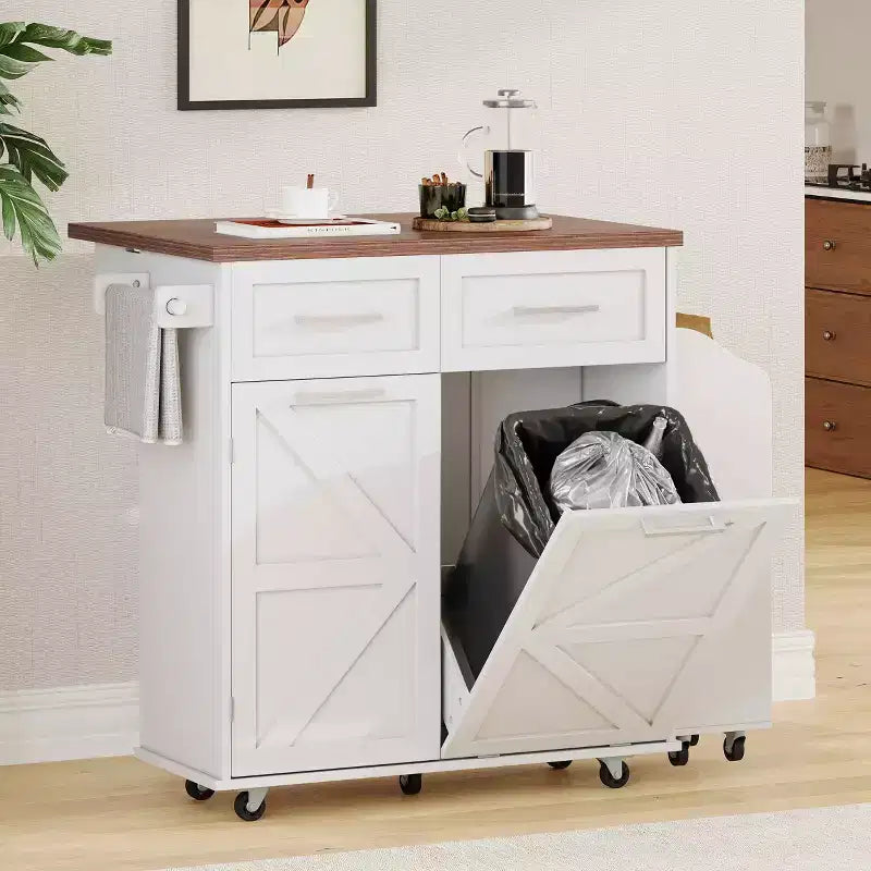 Isola da Cucina 47.2 Bianca in Stile Rustico con Anta a Ribalta, Carrello con Rotelle 2 Cassetti, Ripiani Rimovibili, Portasciugamani