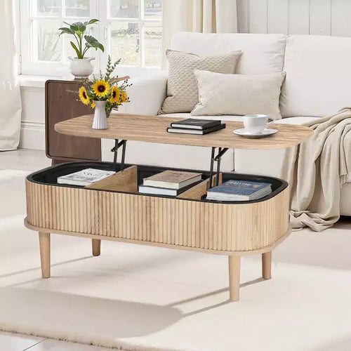 Tavolino da caffè con piano sollevabile da 100 cm, tavolino da caffè ovale scanalato con 3 vani nascosti, scrivania centrale ovale in legno stile Mid-Century, piano sollevabile, Beige