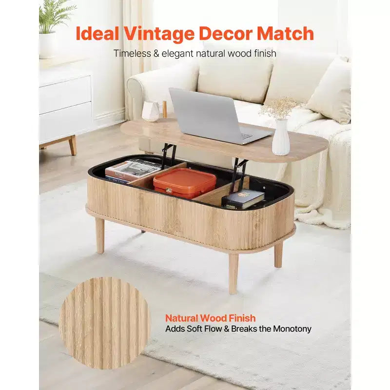 Tavolino da caffè con piano sollevabile da 100 cm, tavolino da caffè ovale scanalato con 3 vani nascosti, scrivania centrale ovale in legno stile Mid-Century, piano sollevabile, Beige