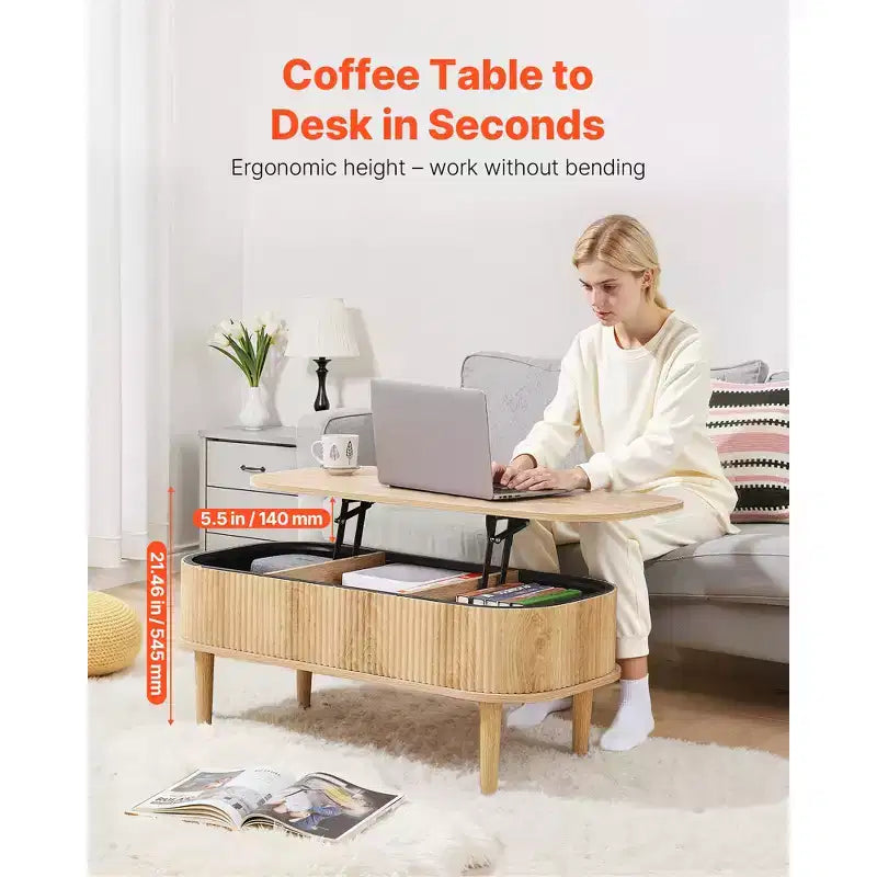 Tavolino da caffè con piano sollevabile da 100 cm, tavolino da caffè ovale scanalato con 3 vani nascosti, scrivania centrale ovale in legno stile Mid-Century, piano sollevabile, Beige