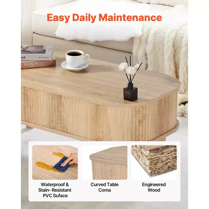 Tavolino da caffè con piano sollevabile da 100 cm, tavolino da caffè ovale scanalato con 3 vani nascosti, scrivania centrale ovale in legno stile Mid-Century, piano sollevabile, Beige
