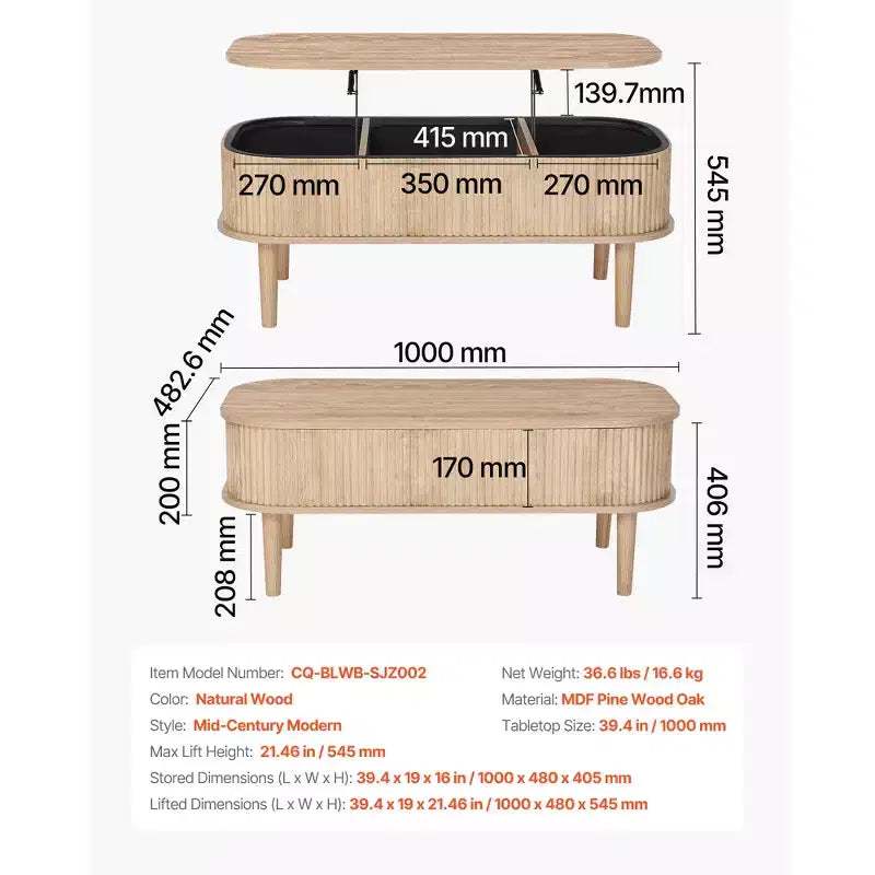 Tavolino da caffè con piano sollevabile da 100 cm, tavolino da caffè ovale scanalato con 3 vani nascosti, scrivania centrale ovale in legno stile Mid-Century, piano sollevabile, Beige