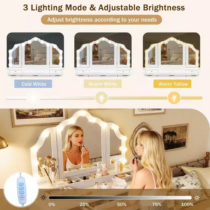 Toeletta da trucco Mobile da trucco Toeletta con 13 lampadine, specchio a tre ante, stazione di ricarica e cassetti portaoggetti, bianco - ModernLuxe