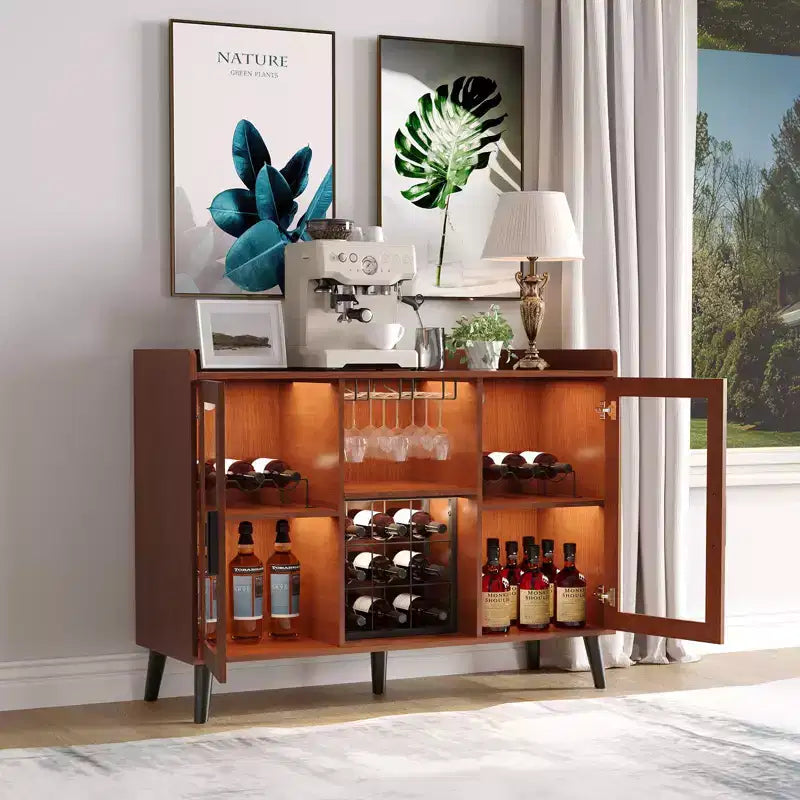Mobile Bar da Vino Autoportante, Credenza e Buffet da Cucina con Portabicchieri, con Ante in Vetro per Soggiorno, Sala da Pranico