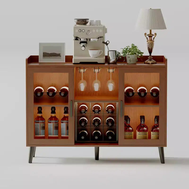 Mobile Bar da Vino Autoportante, Credenza e Buffet da Cucina con Portabicchieri, con Ante in Vetro per Soggiorno, Sala da Pranico