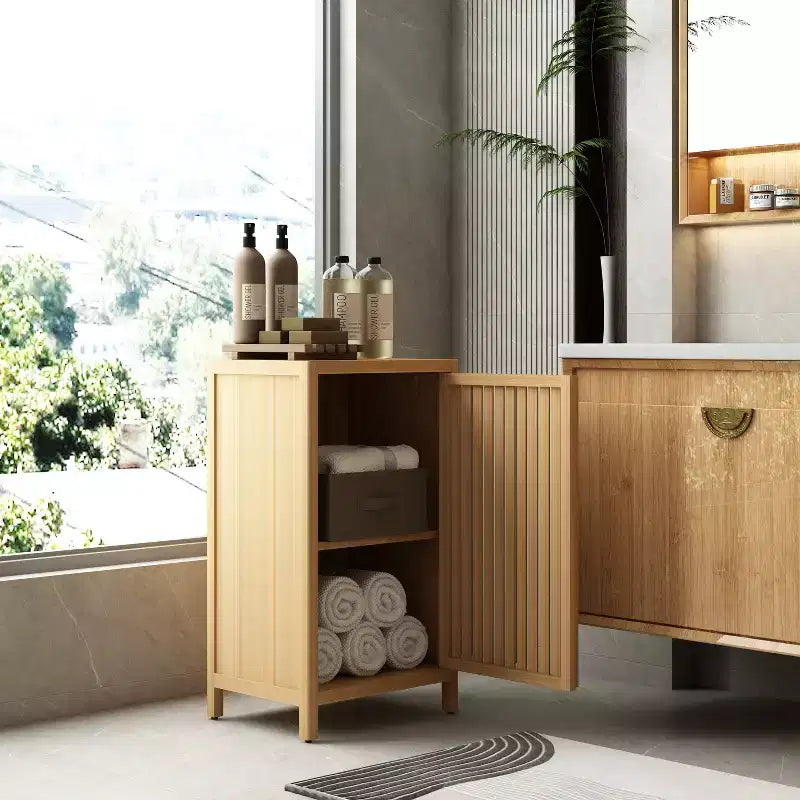 Mobiletto portaoggetti da bagno in bambù con anta e ripiano regolabile, organizer da pavimento indipendente per più stanze